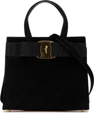 Ferragamo Pre-owned Handbags, female, Black, Size: ONE SIZE Pre-owned Vara Ribbon Suede Handbag
