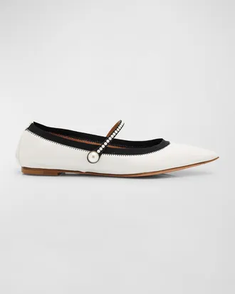 Aquazzura Romy Leather Pearly Mary Jane Ballerina Flats