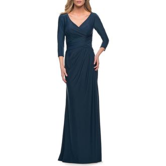 La Femme Ultra Soft Jersey Long Dress with Three-Quarter Sleeves in Dark Teal at Nordstrom, Size 18