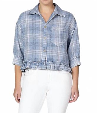 Miss Me Womens Denim Plaid Top In Blue