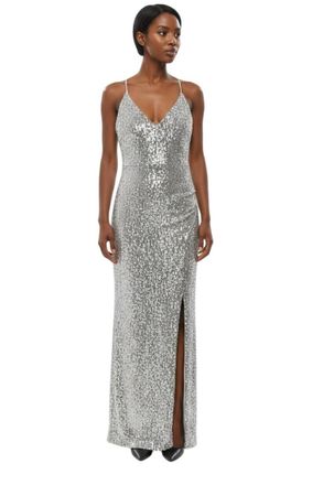 Balmain Silver V Neck Maxi Dress