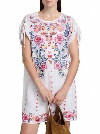 Johnny Was Floral Slip Ruched Sleeve Dress In White