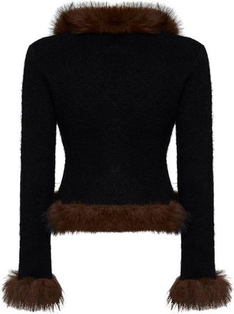 Self Portrait Womens Knit Cardigan With Faux-Fur Trim Black Cotton Cardigans Sweater