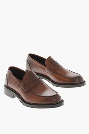 A.Testoni Brushed Leather Penny Loafers with Fum&eacute; Effect size 10