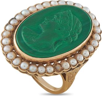 Luxury Bazaar Antique 14K Yellow Gold Malachite and Seed Pearl Cameo Ring MF02-080726