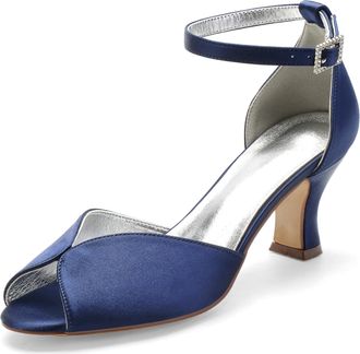 Generic Wedding Heels Low Heel Wedding Bridal Shoes Peep Toe Bridal Shoes Ankle Buckle Strap Satin Evening Party High Heels Sandals 6.5Cm,Deep Blue,10 UK