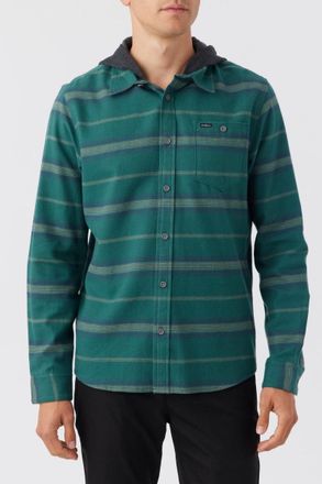 O'Neill Redmond Flannel Shirt Mens Green Striped Cotton Hooded FTS86