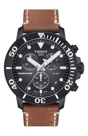 Tissot Seastar Leather Strap Chronograph Diving Watch, 45.5mm in Black at Nordstrom Rack