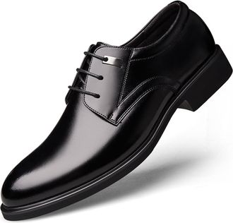 Generic Oxford Formal Shoes for Men Lace Up Height Increasing Elevator 2.4Inches Burnished Toe Faux Leather Block Heel Resistant Non Slip Wedding(Black,5.5 UK