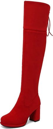 Generic Womens Round Toe Block Heels Over The Knee Boots Elastic Lace Up Wide Calf Thigh High Warm Winter Shoes with Zip (Red,5.5)