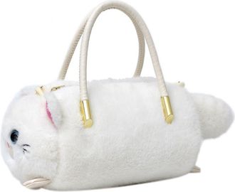 Generic Cartoon Cat Plush Womens Handbag, Large capacity Fluffy Shoulder Bag, Casual Furry Zipper Shoulder Bag Handbag(White)