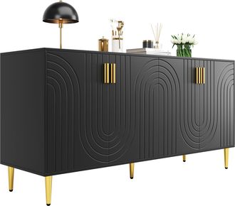 STILVORA Aparador Con 4 Puertas Y 2 Cajones, Frentes Ondulados, Tiradores Y Patas Doradas, Moderno, En Mdf, 152&times;40&times;75 Cm, Negro