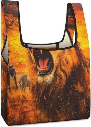 Generic Lion African Animals Elephant Giraffe Reusable Shopping Bags Lightweight Foldable Grocery Bag Polyester Washable Tote Bag
