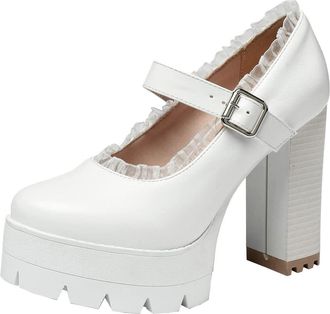 Agodor Womens Goth Platform Mary Jane Shoes Round Toe Chunky High Heel Court Shoes (UK 8, White)