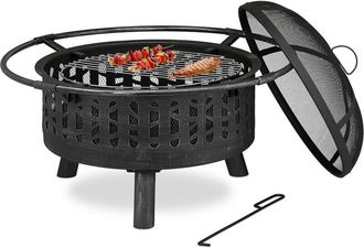 Relaxdays Relaxdays Brasero Exterior, Parrilla Y Protecci&oacute;n Antichispas, Atizador, Rejilla De Carb&oacute;n, &Oslash; 75 Cm, Negro Y Plateado