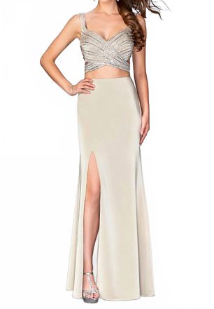La Femme Glittering Stripes Crisscross Evening Dress In Nude