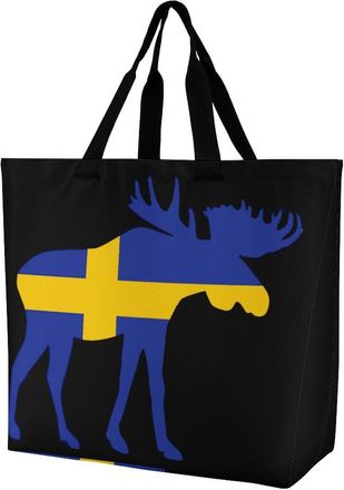 Generic Swedish Flag And Elks Tote Bag Reusable Grocery Shopping Bags Large Travel One Shoulder Handbag for Picnic Work