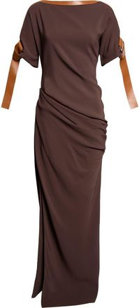 Ferragamo Leather Trim Jersey Maxi Dress in Expresso/cognac at Nordstrom, Size 42