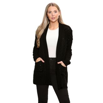 Janisramone Ladies Waffle Knitted Chunky Cardigan, Long Sleeve Women Open Front Cardigan with Pockets, Stylish Warm Long Boyfriend Cardigans for Women UK Black