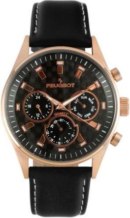 Peugeot Dynamic Multi Function Carbon Fiber Dial Leather Watch- 43MM in Black at Nordstrom