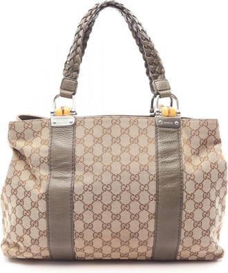 Gucci Beige Khaki Canvas Leather Handbag Tote Bag (Pre-Owned)