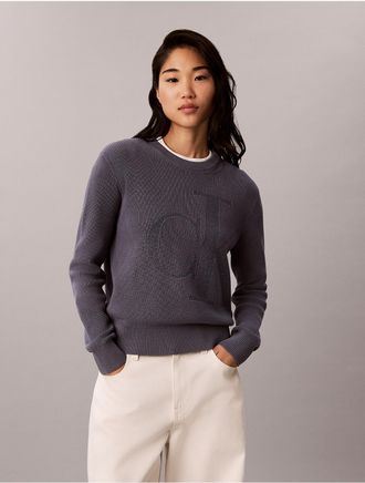 Calvin Klein Jeans Calvin Klein Womens Smooth Cotton Lurex Monogram Logo Sweater - Blue - XL