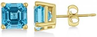 Allurez Asscher Cut Blue Topaz Basket Stud Earrings 14k Yellow Gold (2.70ct)