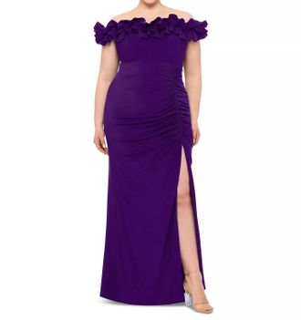 Xscape Ruffled Off-The-Shoulder Long Sheath Dress In Purple