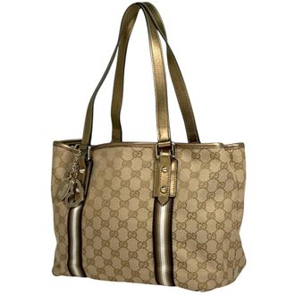 Gucci Beige Gold Gg Canvas Leather Shoulder Bag Tote Bag (Pre-Owned)