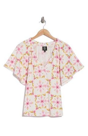 Bobeau Ruffle Split Neck T-Shirt in Yellow/Pink Tile- at Nordstrom Rack, Size X-Large