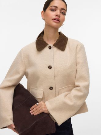 Vero Moda Kurzjacke VERO MODA VMFLORENCE SHORT JACKET BOO, Damen, Gr. XL, oatmeal detail:cub, Web, Obermaterial: 100% Polyester, unifarben mit Farbeinsatz, Rund