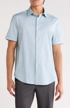 Bugatchi Plaid Stretch Cotton Short Sleeve Button-Up Shirt in Menthol at Nordstrom Rack, Size Xxx-Large
