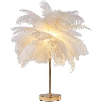 OEM L&aacute;mpara De Mesa Con Plumas De Avestruz, Iluminaci&oacute;n Para Mesita De Noche O Sala De Estar, Recargable, Blanca, Lujosa, Para Hogares Y Amantes De La Dec