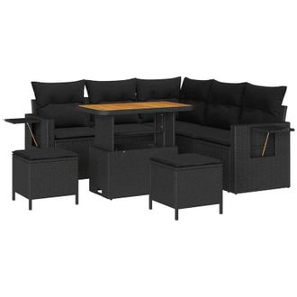 vidaXL Conjunto De Sof&aacute; De Jard&iacute;n Con Coj&iacute;n Manual 8 Pcs Negro