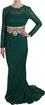 Dolce & Gabbana Kleedjes, Dames, Groen, M, Katoen, Crystal Gold Belt Lace Sheath Gown
