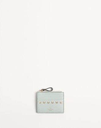 Valentino Garavani Rockstud Calfskin Cardholder With Zip Woman SKY GREY UNI