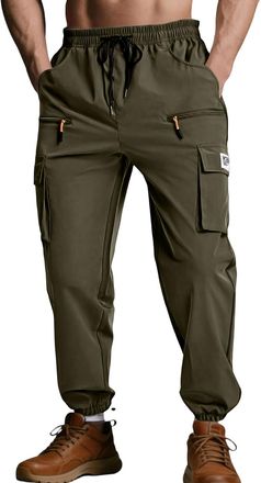 Generic Mens Lightweight Cargo Trousers Elasticated Waist Joggers with Multi Zip Pockets, Casual Outdoor Hiking Work Pants for Men, High Street Cargo Trousers
