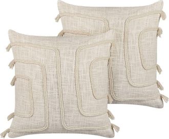 Beliani Set of 2 Decorative Cushions PLEIONE Cotton 45 x 45 cm Light Beige Geometric Pattern