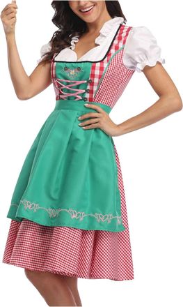 Generic Oktoberfest Clothing Womens Dirndl, Retro Costume Dresses, Modern Midi Theme Party Dresses, V-Neck, Ruffles, Maid Uniform, Suit, Puff Sleeves, Traditi