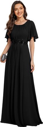 Ever-pretty Women Dress Maxi Evening Dress Chiffon with Applique Round Neck and Short Ruffles Sleeve Floor Length Black 12UK