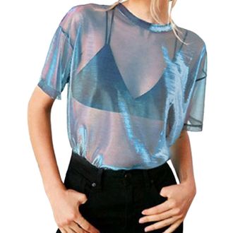 Generic WomenS Blouses Short Sleeve Mesh Tops Sexy Slim Fit Sheer Mesh Tops Shiny Metallic T-Shirt Casual Scoop Neck Transparent Shirts Comfortable Black See-