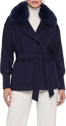 Gorski Fabric Jacket with Detachable Genuine Shearling Collar, Belt in Navy at Nordstrom, Size X-Small