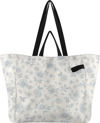 Generic Floral Flowers Leaves White pattern Reusable Canvas Tote Bag, Heavy Duty Grocery Shopping Bag with Hard Bottom Double Handles Large Capacity Work Groc