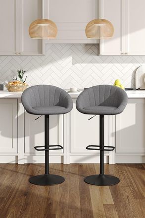 Living and Home 2 Set Chic Grey Linen Swivel Breakfast Bar Stools with Shell Shaped Backrest