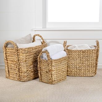 Happimess Clara Farmhouse Classic Handwoven Hyacinth Rectangle Storage Floor Baskets with Handles (Set of 3)