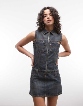 Collusion Vestito di jeans lavaggio scuro con vita scesa-Blu navy