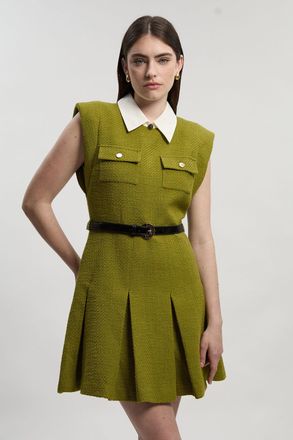 Karen Millen Womens Textured Tweed Contrast Collar Pleated Tailored Mini Dress - Green Cotton - Size 16 UK