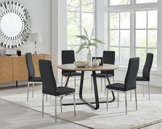 Furniturebox Santorini Brown Wood Effect Dining Table & 6 Milan Chrome Leg Chairs in Black