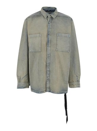 Rick Owens Light Blue Jacket With Classic Collar And Drawstring Detail On The Waist In Denim Man