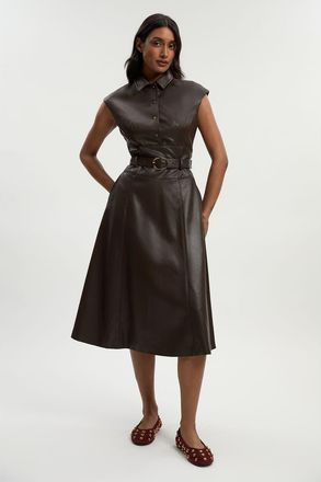 Karen Millen Faux Leather Belted Midi Dress in Chocolate at Nordstrom, Size 12
